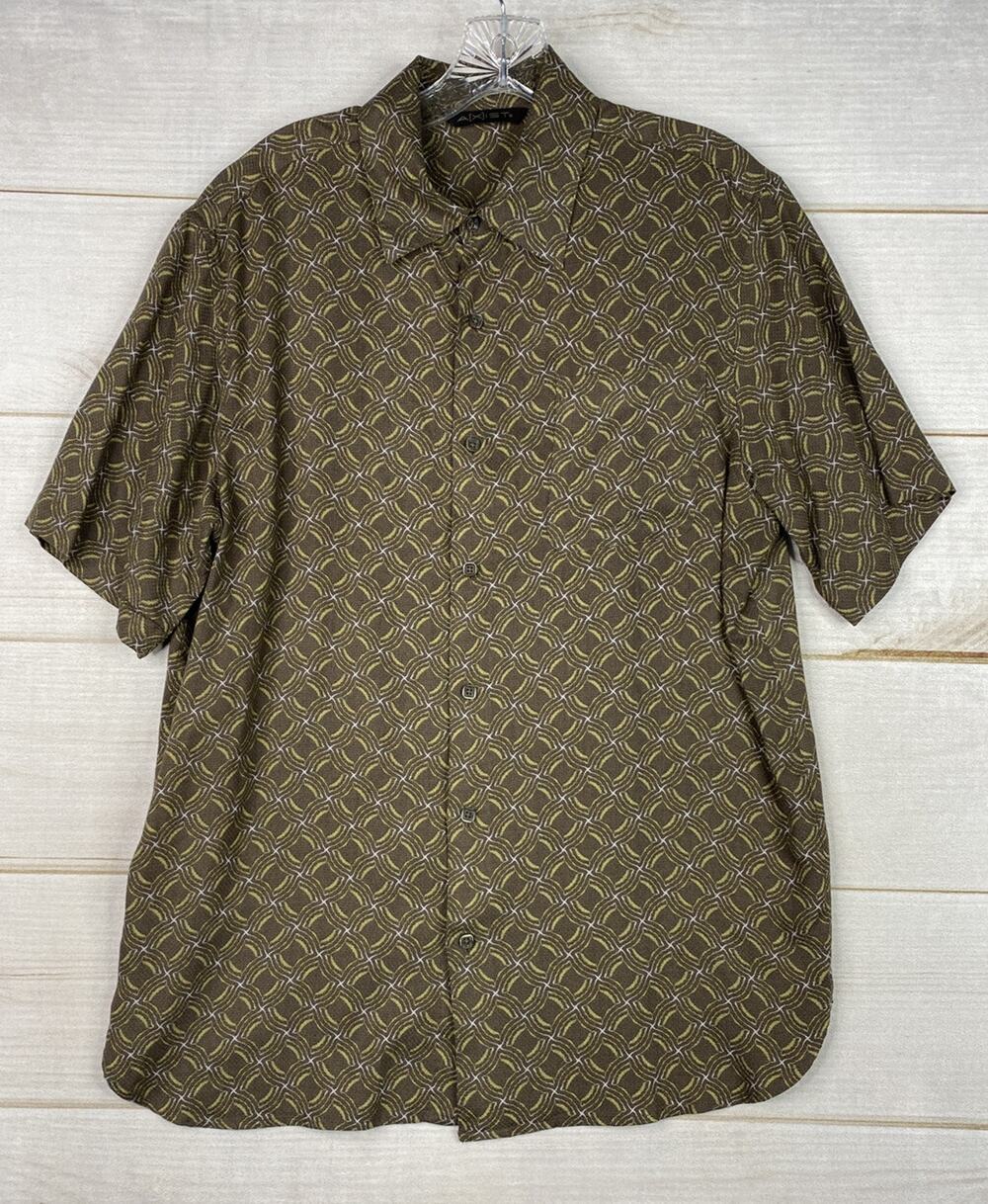 Axist Shirt Mens M Dark Brown Geometric Print Hawaiian Button up Rayon Beach